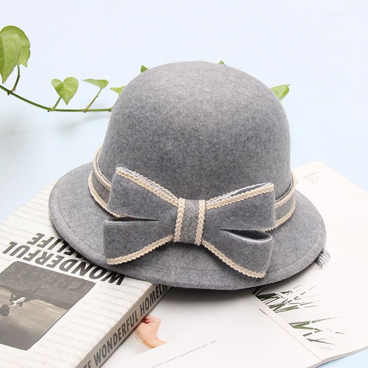 Retro Bow Woolen Hat Women's Autumn and Winter Warm Fashion Top Hat British Bucket Hat