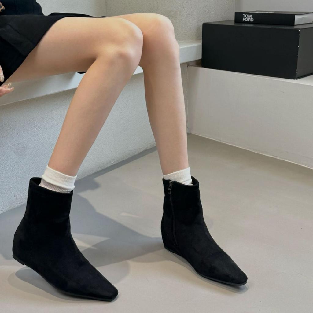 New Spot 2025 Korean Retro Suede Thin Boots Heightened Square Head Short Boots Women's Versatile Autumn and Winter New Women's Boots