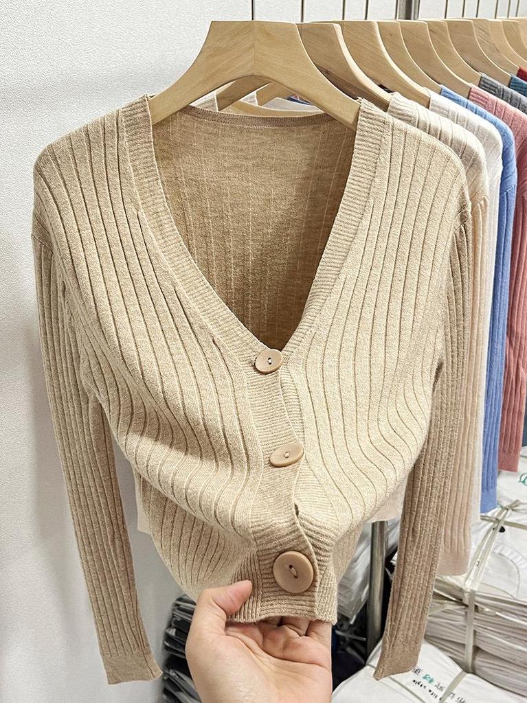 Women's V-Neck Knitted Cardigan - Long Sleeve Spring/Autumn Shawl Jacket