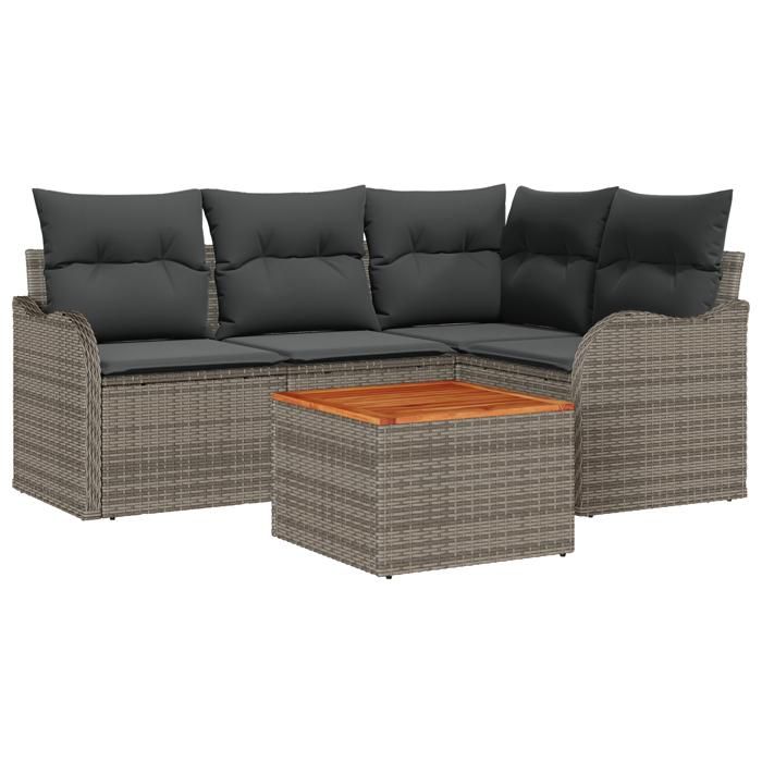 VidaXL Ensemble de Canapé de Jardin de 5 Pièces avec Coussins Gris, Rotin Synthétique et Acacia 3347447