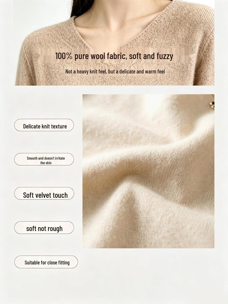 Women's 100% Pure Wool V-Neck Loose Knit Sweater - Solid Color Autumn/Winter Basic Layer