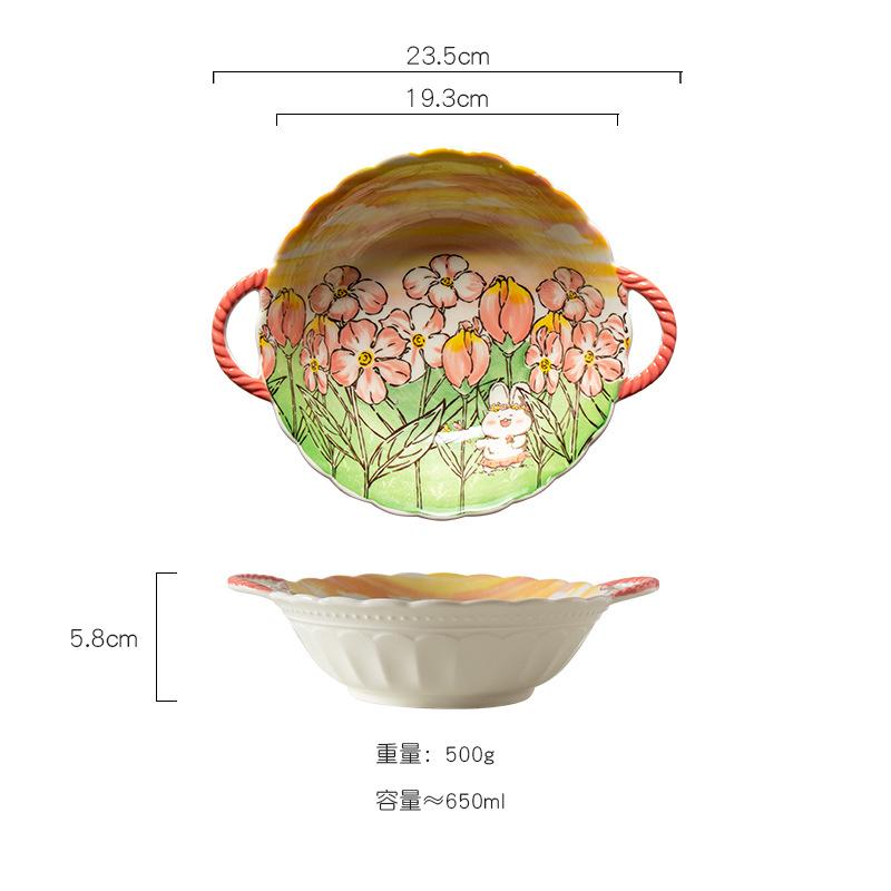 Ceramic Bowls Tableware Butterfly Pink Rabbit Soup Bowl Ceramic Noodle Bowl Salad Bowl with Sppon Hot New 650ML 0.5kg Wholesale