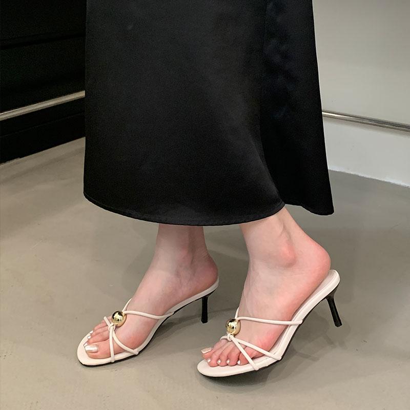 Fashion Black Footwear Metal Fashion Round Toe Ladies Medium Heels Sandals Female Slides Shoes Elegant Women Heeled Sandals Shoes Pumps