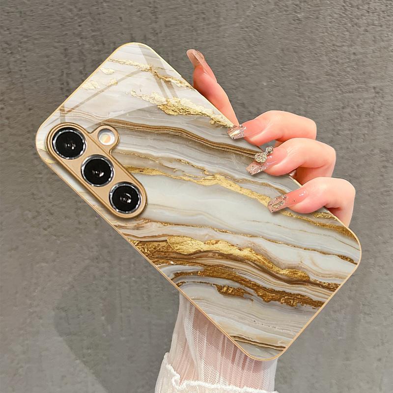 Gold Inlay Stone Pattern 2D Phone Case for Samsung S26 S25 S24 S23 S22 S21 S20 - Golden Metal Paint Glass Protective Cover
