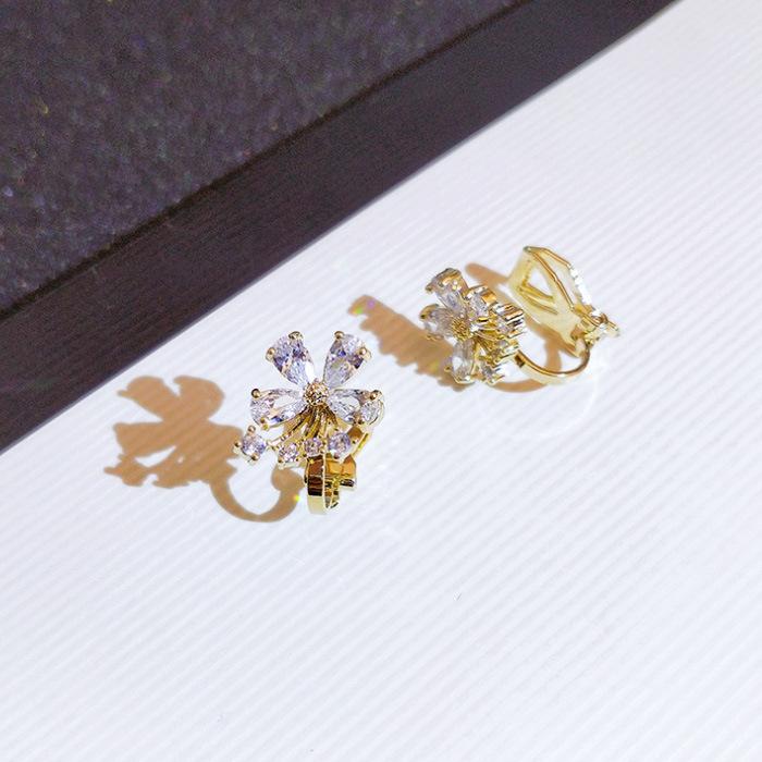 Tide Slightly Inlaid Zirconium Earclips, Spring Earrings, Fresh Flower Stud Earrings, Pierless, Versatile Earrings For Women