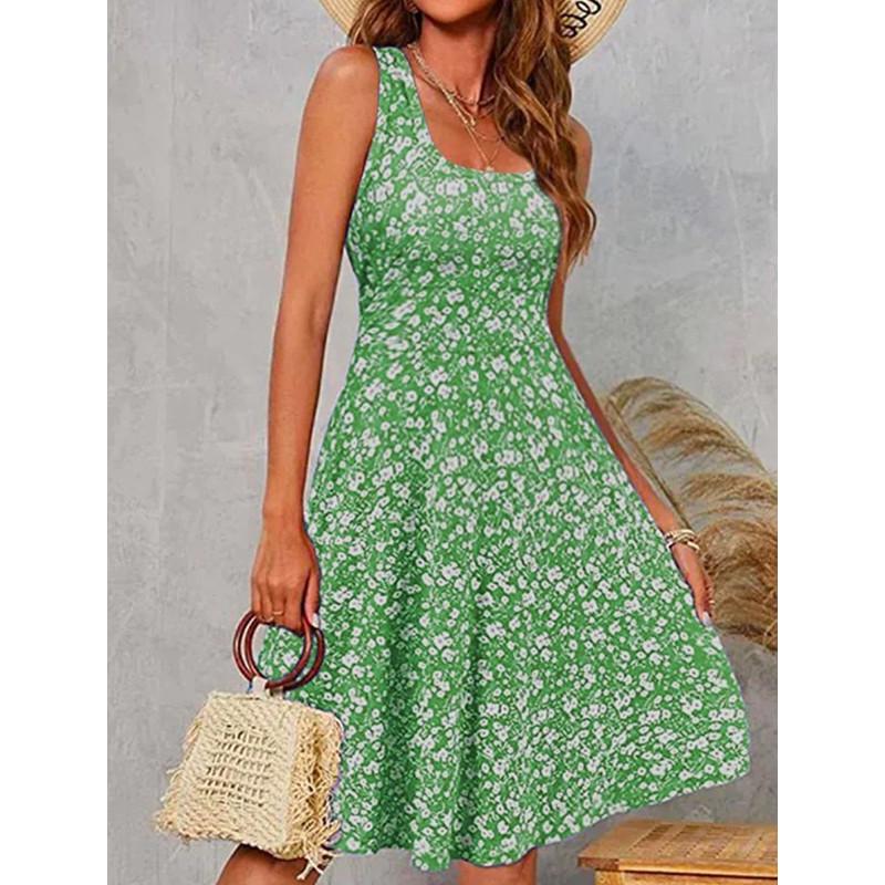 TIFICY Women's Fashion Summer Spring Flower Pattern Print Sleeveless Square Collar High Waist Casual Dresses