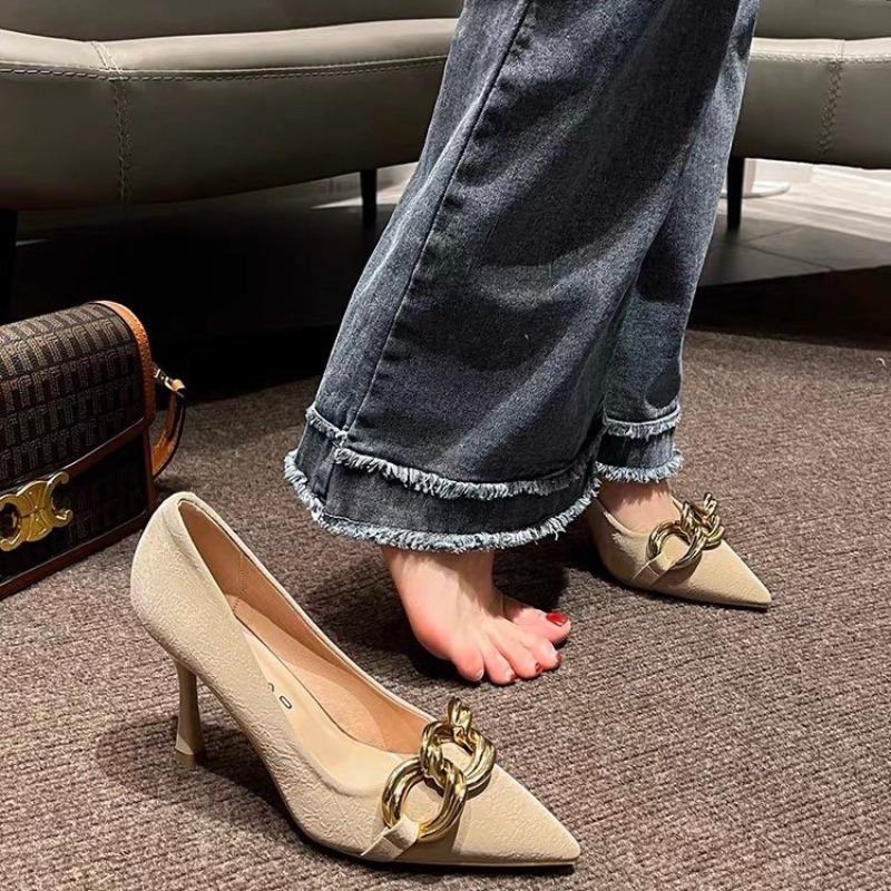 Fashion Shoes Woman Trend Luxury Women's Shoes Genuine Leather Metal Button High Heels Shoes New Popular Pointed Toe Fashion Sexy Party