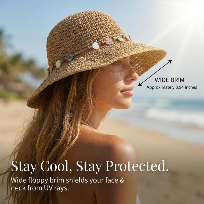 Elegant Hand Crocheted Paper Straw Sun Hat Women Breathable Wide Border Beach Hat Summer Outdoor Travel Accessory