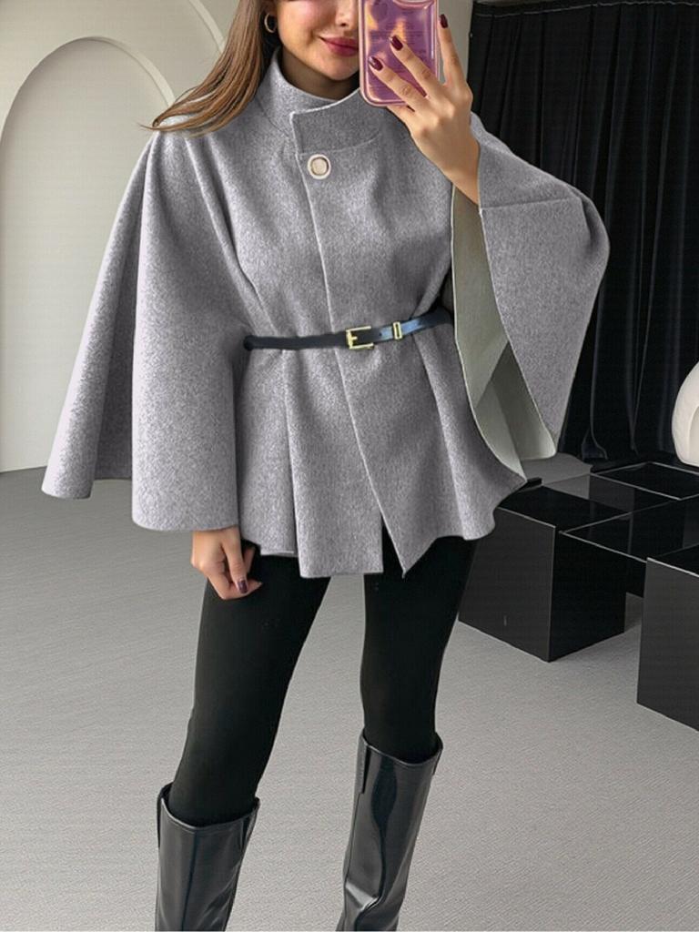 Moda Invernale Donna Stile Elegante Colore Puro Cintura con Cintura Cappotto Mantella in Lana