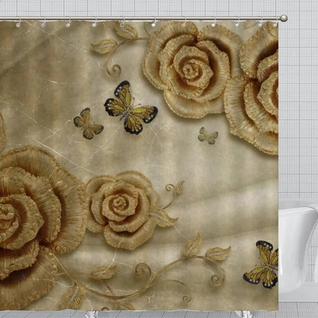 Purple Rose Shower Curtain Retro Floral Shower Curtains Waterproof Gold Classical Chic Elegant Flowers Vintage Bathroom Curtains