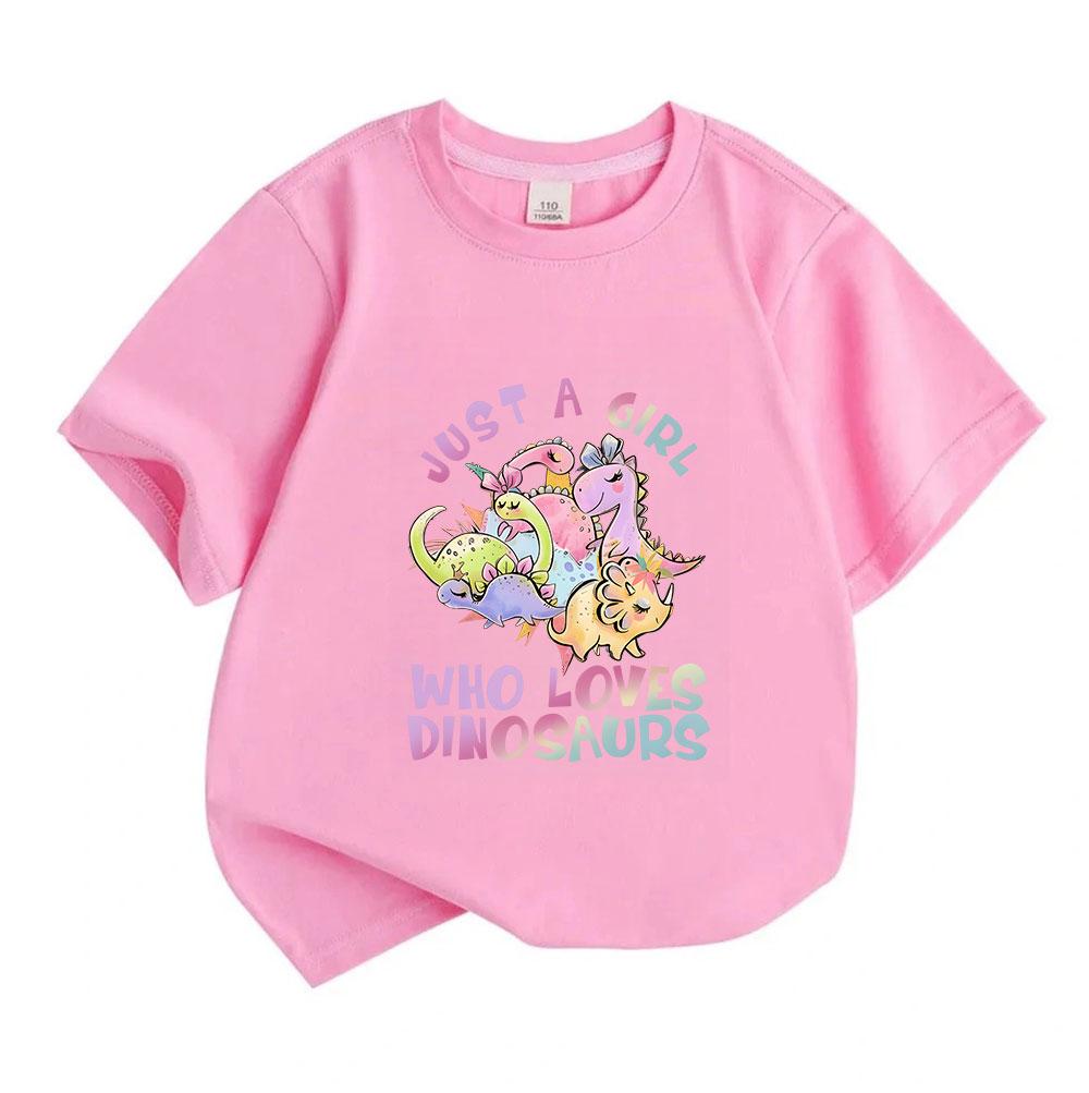 Kids Boys Girls 100% Cotton Short Sleeve Crew Neck T-Shirt, Cute Cartoon Dinosaur Print Just A Girl Who Loves Dinosaurs Casual Soft Tee for Children D