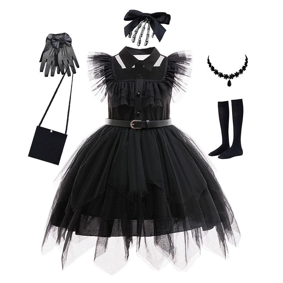 Bambini Mercoledì Addams vestono costumi di Halloween vestono costumi da festa cosplay