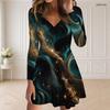 Women Plus Size V Neck Long Sleeve Marble Printed Dark Teal Black Gold Curved Hem Dress