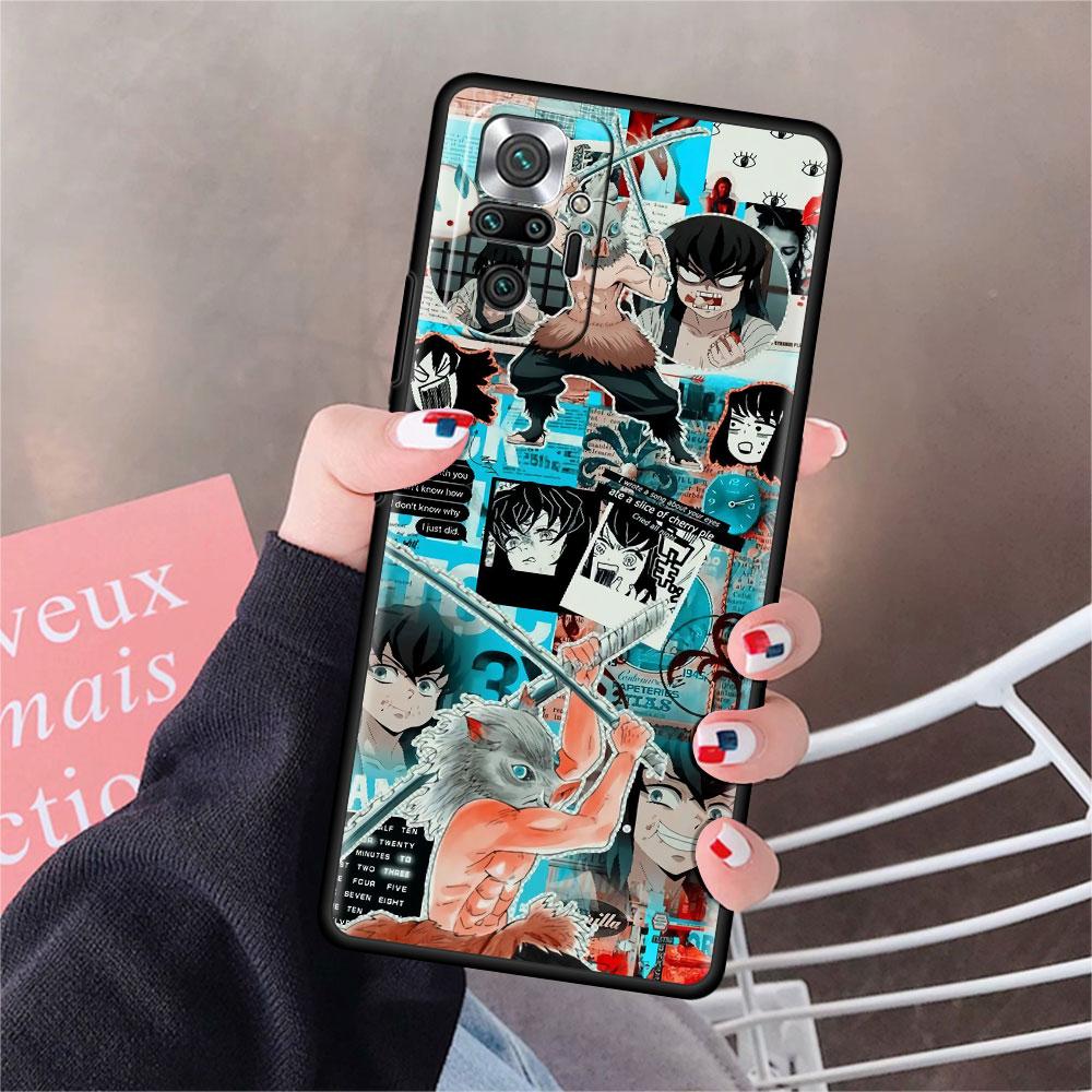 Luxury Black Phone Case For Xiaomi Redmi Note 11 10 9 8 7 Pro 9S 9A 9C 10s 8T K40 10C 10S Funda Cover Kimetsu Yaiba Demon Slayer