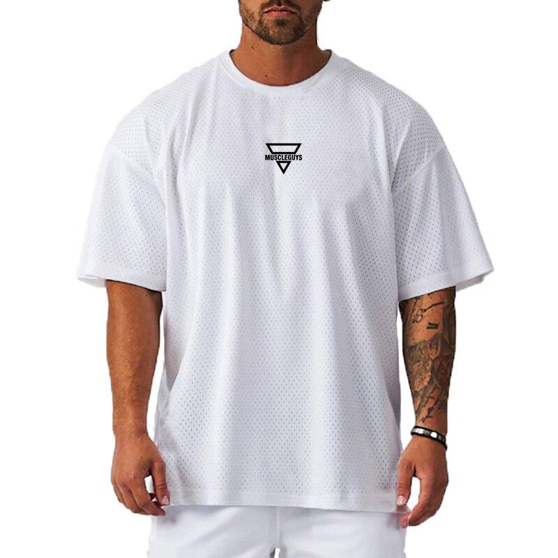 Muscleguys New Arrivals Hollow Breathable T-Shirts Men's Simple Thin Short-sleeve summer Fitness Do Exercise Oversized Tops