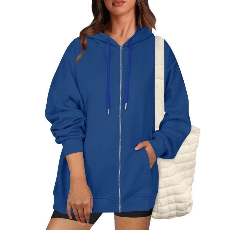 Casual Women Loose Hooded Zip Pocket Sweatshirt Jacket Fashion Top