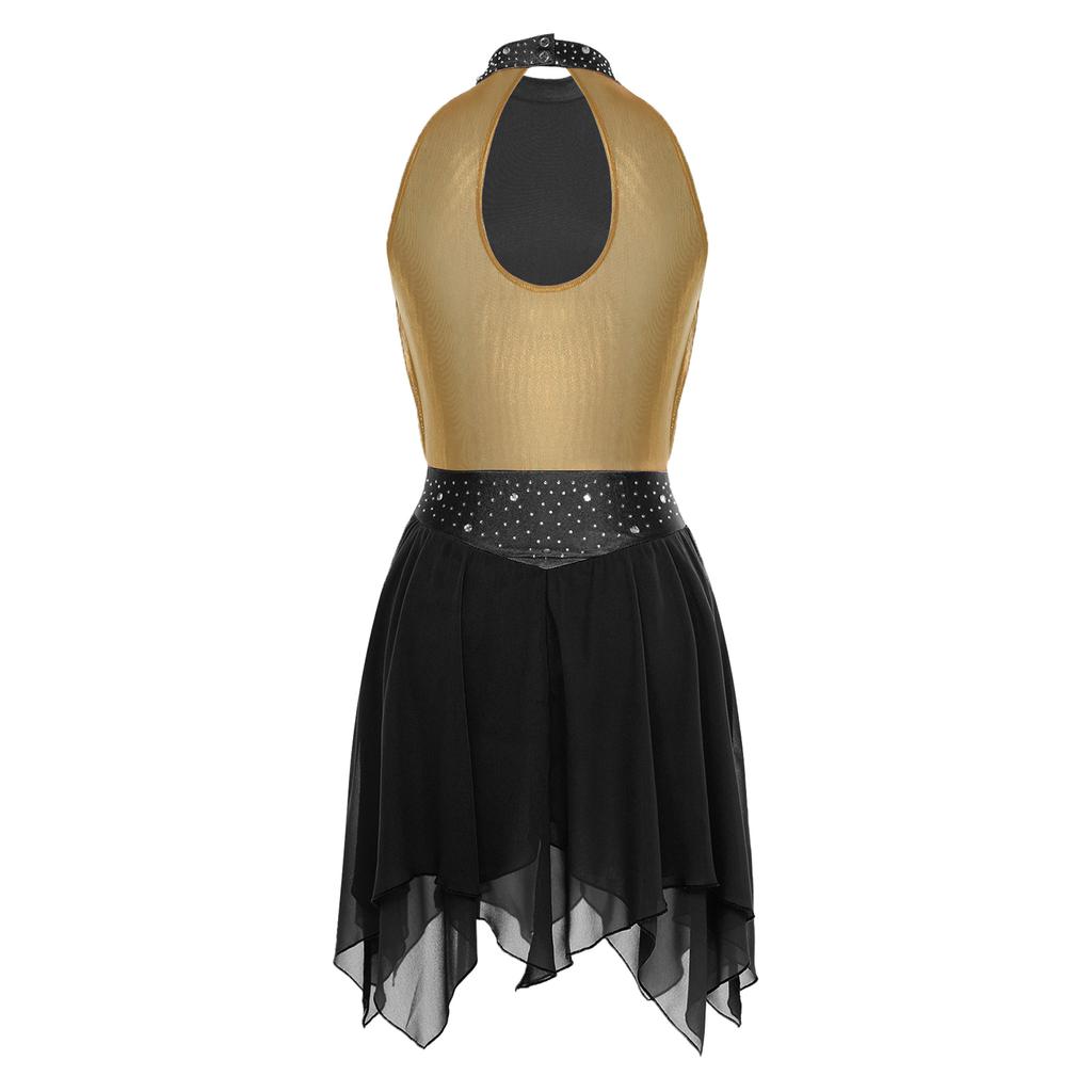 Womens Lyrical Dance Dress Ruched Metallic Mesh Rhinestone Irregular Hem Sleeveless Built-in Briefs Leotard Dress