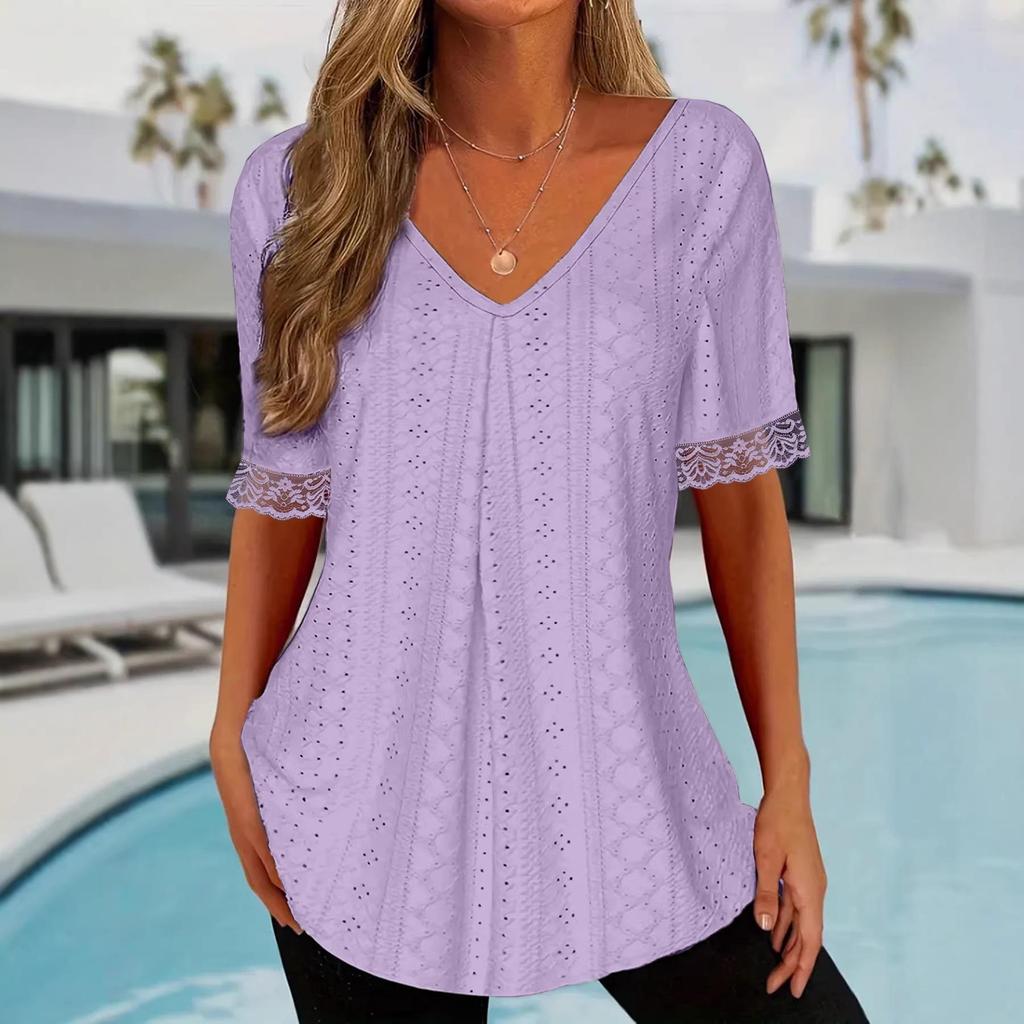 2025 European Women's V-Neck Lace Patchwork Knit T-Shirt