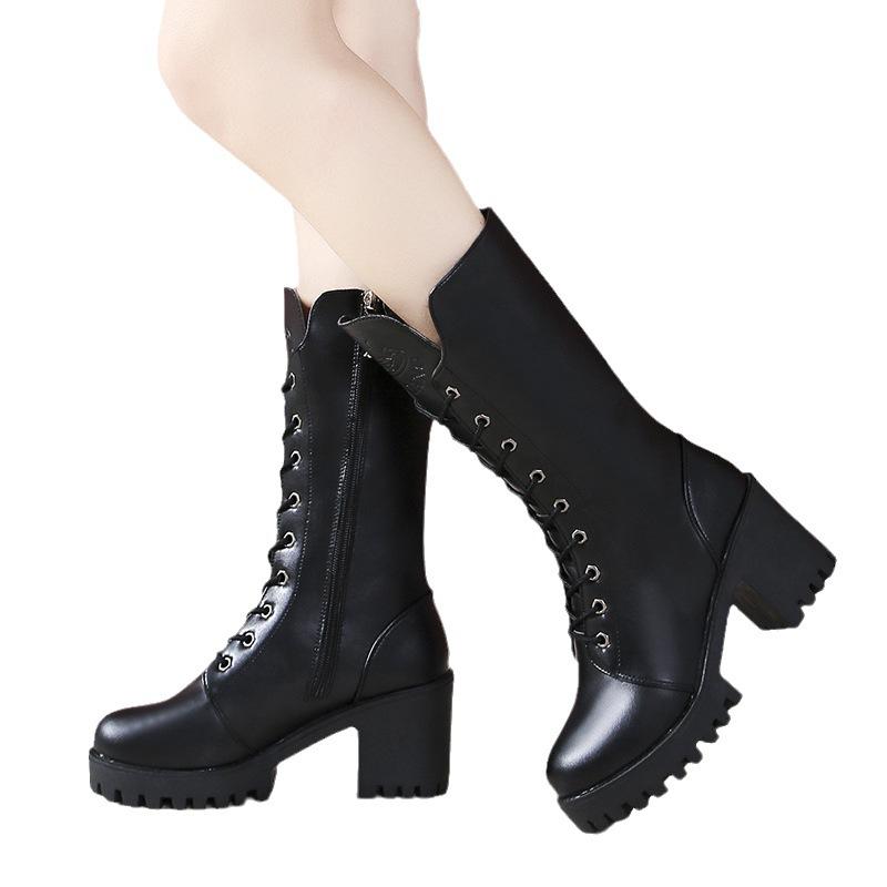 Plus Size Mid Calf Motorcycle Boots Winter New Martin Boots Women Chunky Heel Platform Military Boots