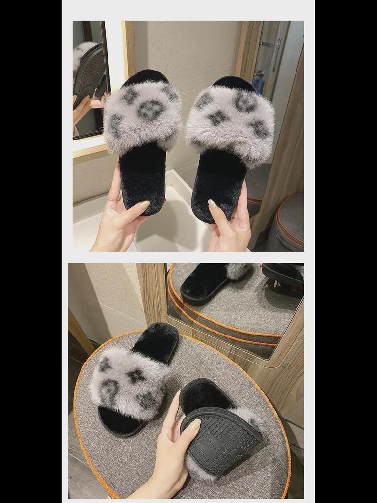 Autumn/Winter Women's Fur & Cotton Suede Slippers - Cross-Color Flat Home Wear.
