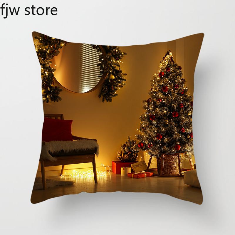 Christmas Decor Pillow Cover  Tree Gift Fireplace Print Throw   New Year Home  Sofa Cushion