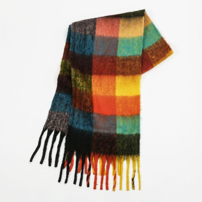 High-end color matching mohair scarf women's autumn and winter warmth thickened versatile plaid tassel