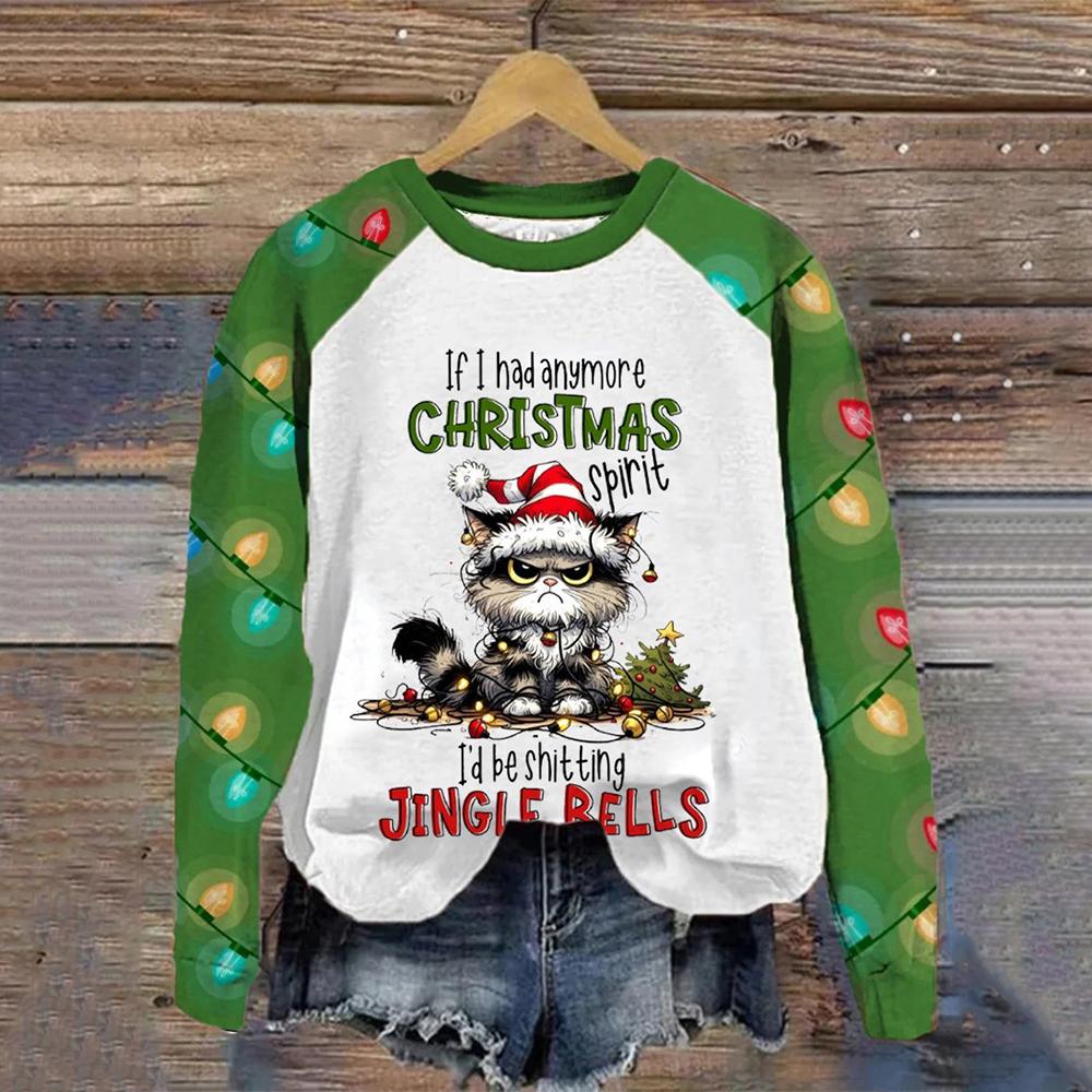 2025 European and American Cat Women's Christmas Themed 3d Printed Loose Knit Long Sleeved Fashionable High-End T-Shirt Top