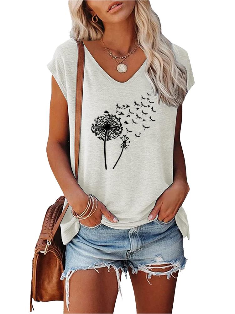 Women Fashion Printed Top Summer V Collar Tee Shirt Ladies Casual Short Sleeve T-shirt
