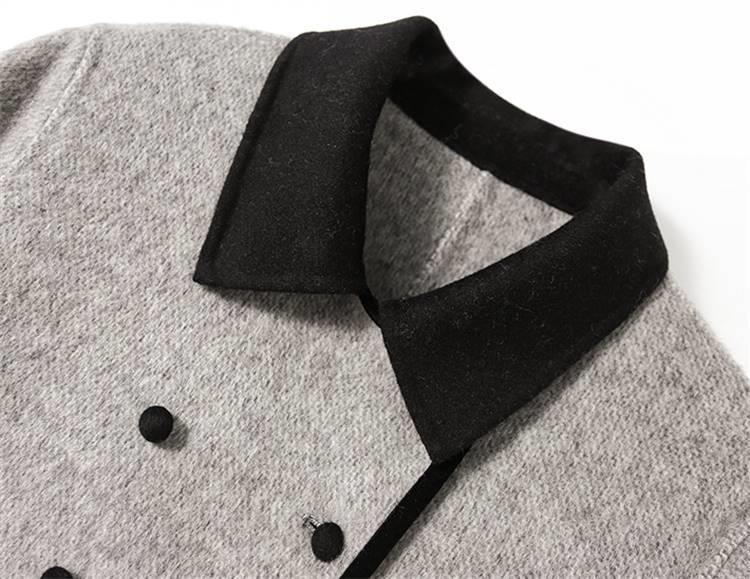 Women's Retro Double-Breasted Color Block Wool Coat - Mid-Length, Small Lapel, Spring/Autumn Fashion