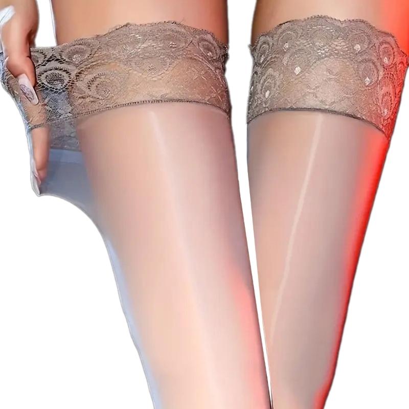 Shimmering High Elastic Over Knee Socks Breathable Design With Decorative Lace Edging Glossy Sheer Thigh High Stockings