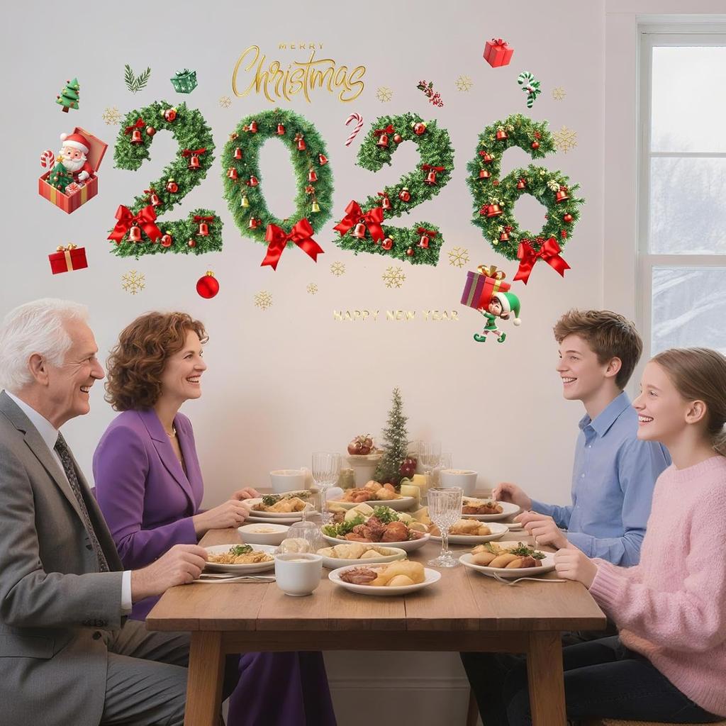 Christmas 2026 New Year Green Pine Needle Window Stickers Bow Party Decoration Festival Supplies Glass Electrostatic Stickers