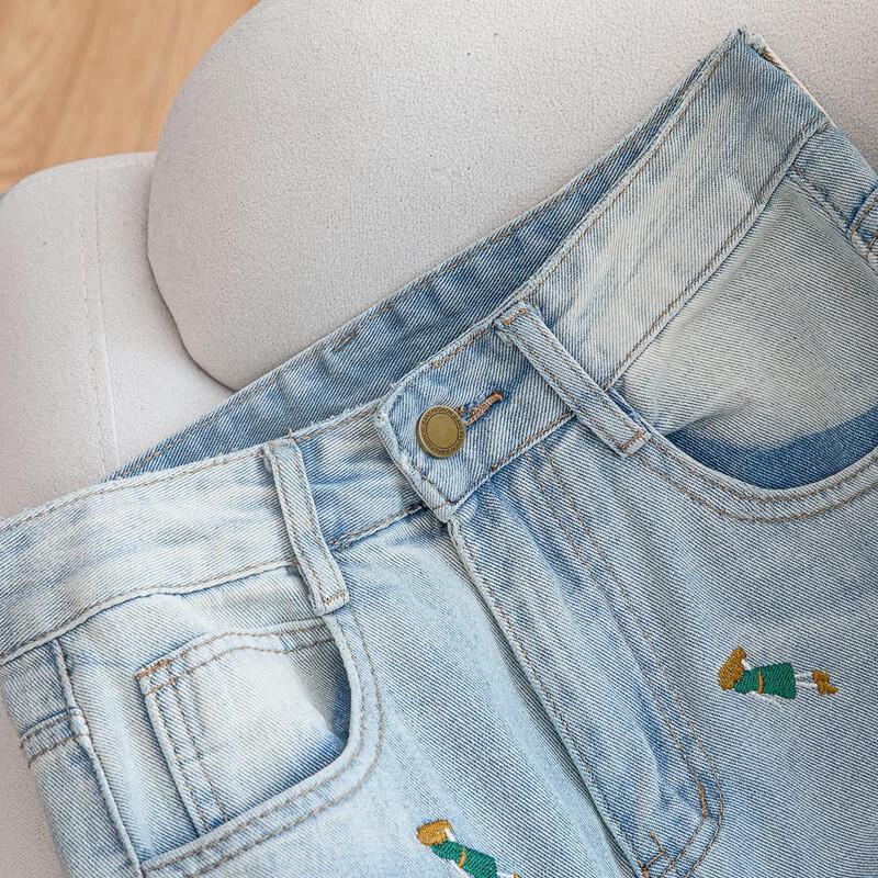 Women's Embroidered Draped Wide-Leg Washed Jeans