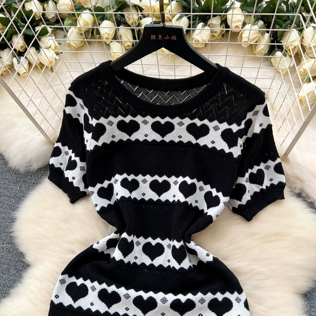 Summer Women Sweet Knitted Heart Slim Bodycon Girls Sheath Sweater Dresses