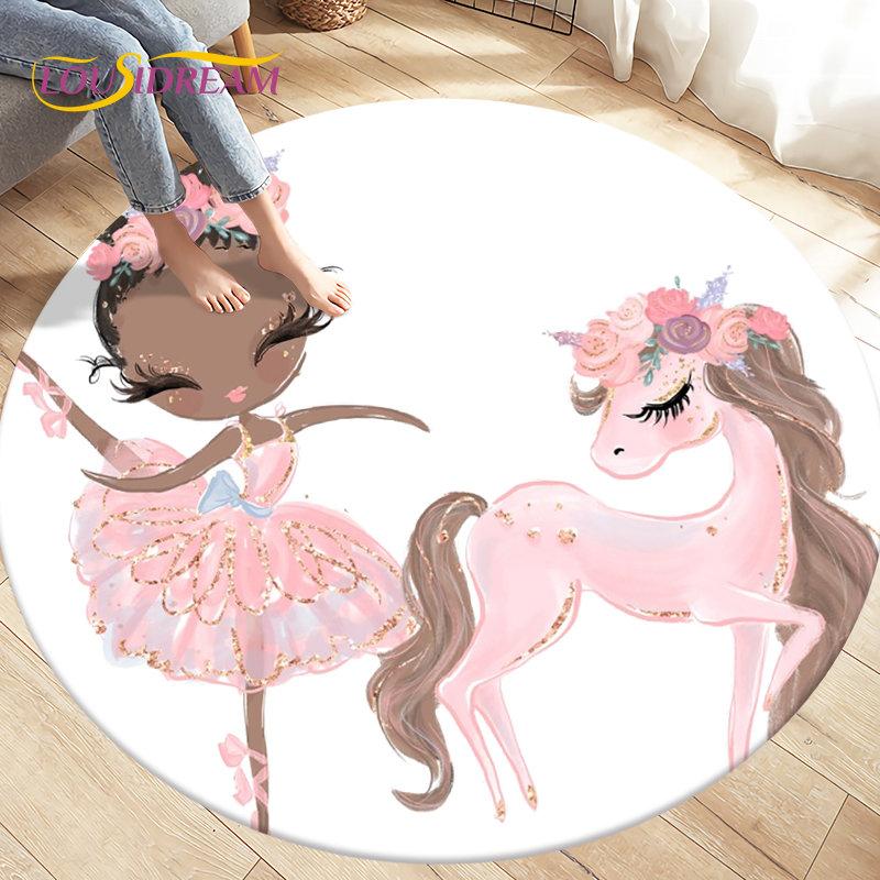 Cute Ballet Girl Ballerina Cartoon Round Area Rug,Carpet for Living Room Bedroom Sofa Playroom Decor,kid Play Non-slip Floor Mat