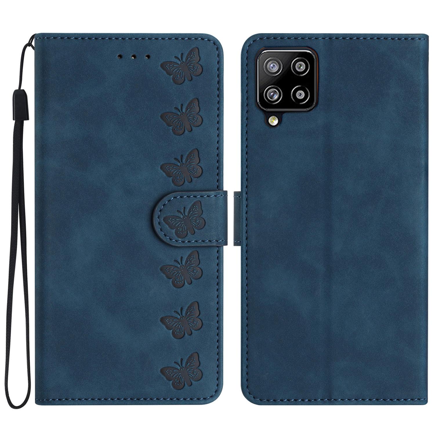 

For Samsung Galaxy M32 (Global Version) 4G Butterfly Imprinted Phone Case Leather Wallet Flip Stand Cover Blue