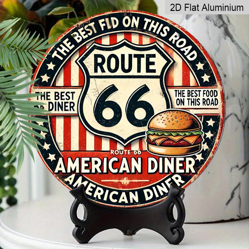 2D Flat 1pc, 8x8 in, Vintage Route 66 Metal Sign - Durable Aluminum, American Retro Diner Decor with Classic Hamburger Design, Ideal for Home