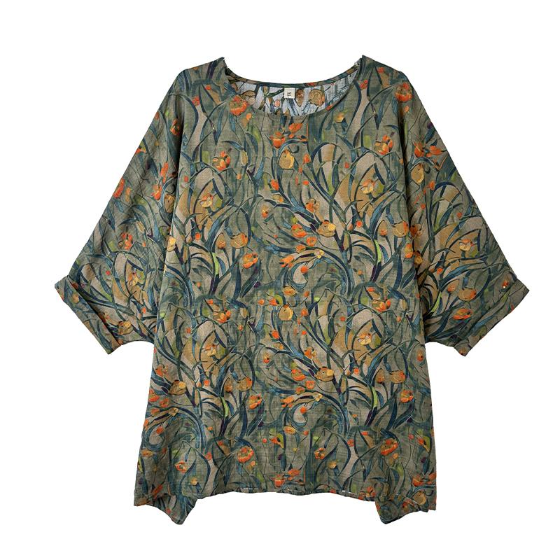 Dimanaf 2025 Summer T-Shirt Plus Size Women Flower Printing Batwing Sleeve Loose Tops Casual