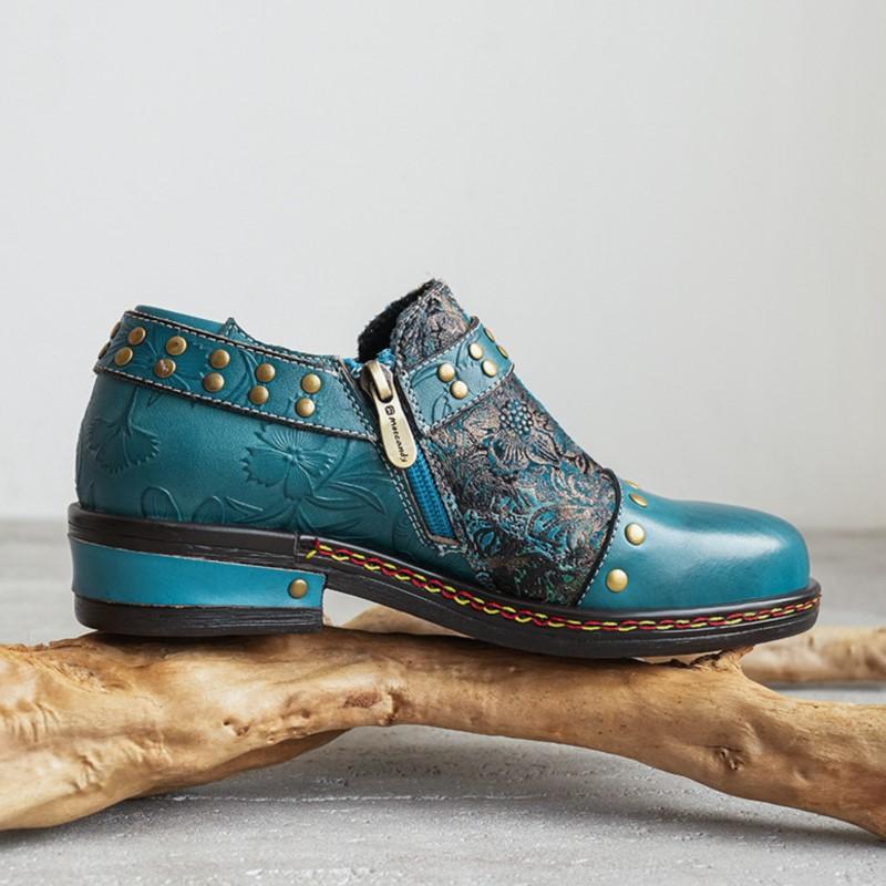 Johnature Four Seasons Pumps Retro Printed Ethnic Style Genuine Leather Comfortable Women's Low Heel Shoes