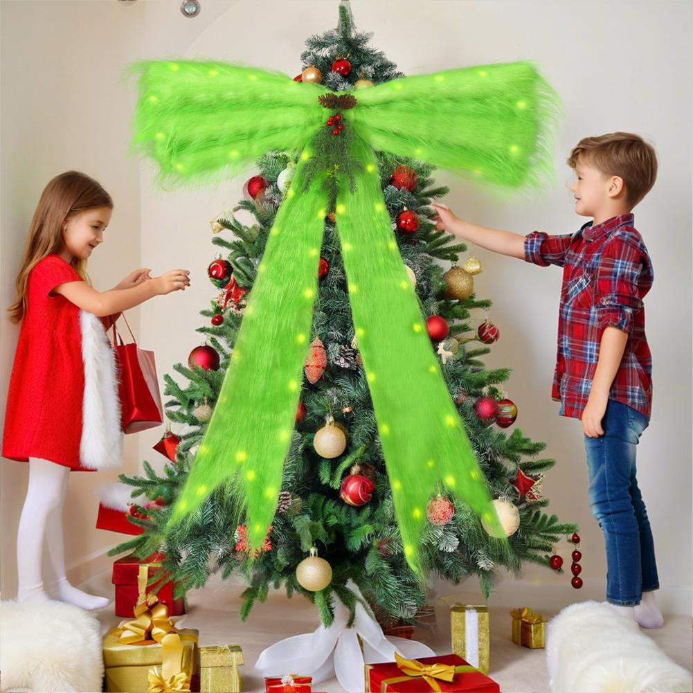 Christmas Tree Bow Bow Tree Topper Extra Green Christmas Tree Topper Bow with Led Lights Plush Faux Fur Holiday Decor Pinecones