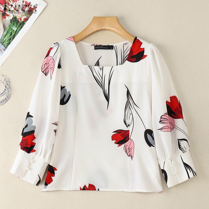 ZANZEA Women Casual Square Collar Summer 3/4 Sleeve Print Blouse