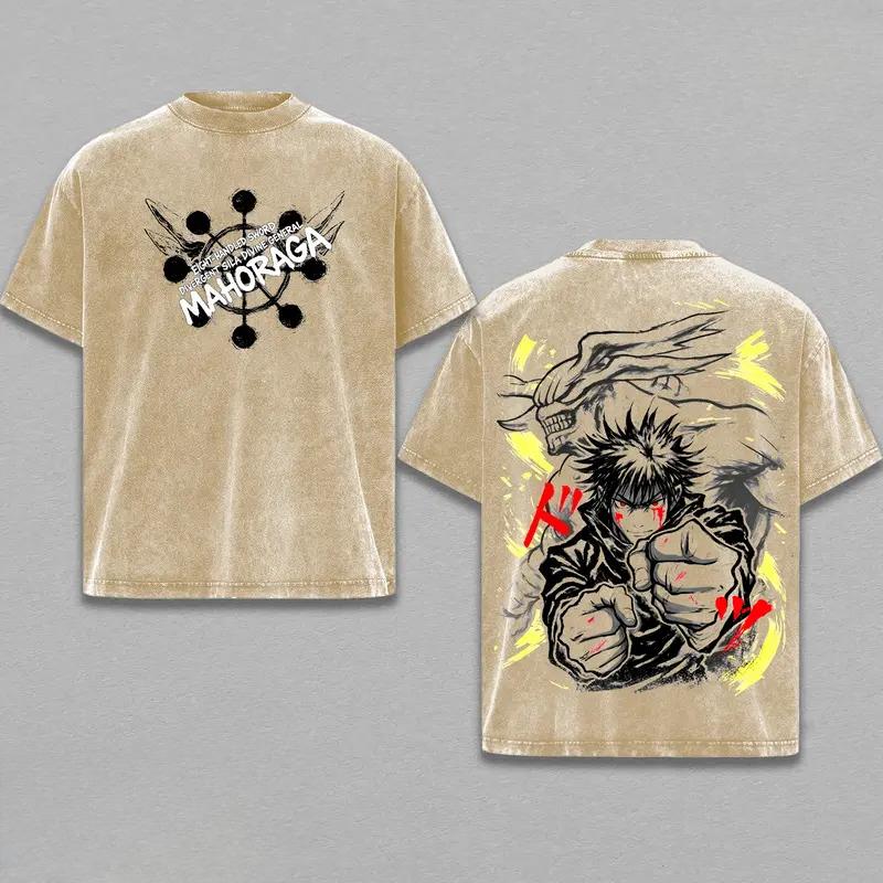 Fushiguro Megumi Mahoraga Print T-shirt Anime Jujutsu Kaisen Clothing Men Women Tshirts Retro Washed T Shirt Harajuku Cotton Top