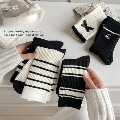 Female Spring and Autumn Embroidery Stripe Bow In The Tube Pile Socks