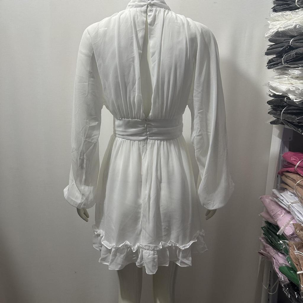 European & American Chiffon Long Sleeve Ruffle Backless Dress with Semi-High Neck & Large Swing Hem