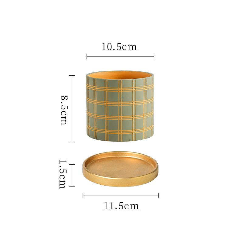 Nordic Stripe Plaid Pattern Ceramic Flower Pot Indoor Vintage Flower Plant Potted with Saucer Vase Living Room Office Flower Pot