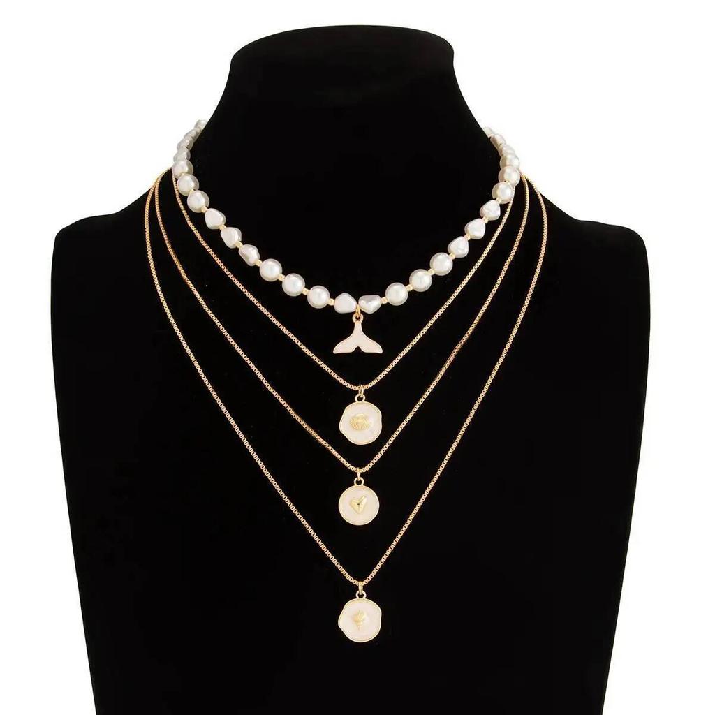 IngeSight.Z 4 Stück Imitation Perle Fischschwanz Anhänger Halskette Set Damen Trendig Exquisit Mehrschichtig Schlüsselbein Kette Damen Schmuck