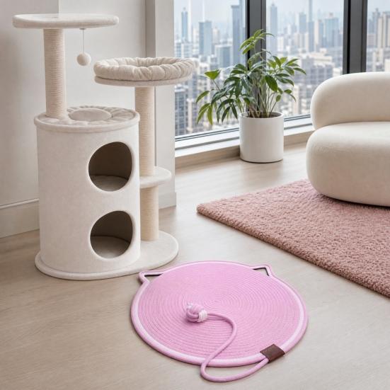 Cat Scratching Pad, Woven Cotton Rope Cat Scratcher with Bait Ball And Cute Ear Design, Indoor Cat Scratcher Mat for Furniture