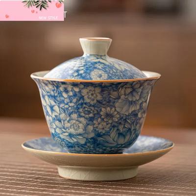 130ml Chinese Antique Ru Kiln Flowers Tea Tureen Covered Bowl Ceramic Gaiwan Teacup Household Tea Separator Travel Teaware