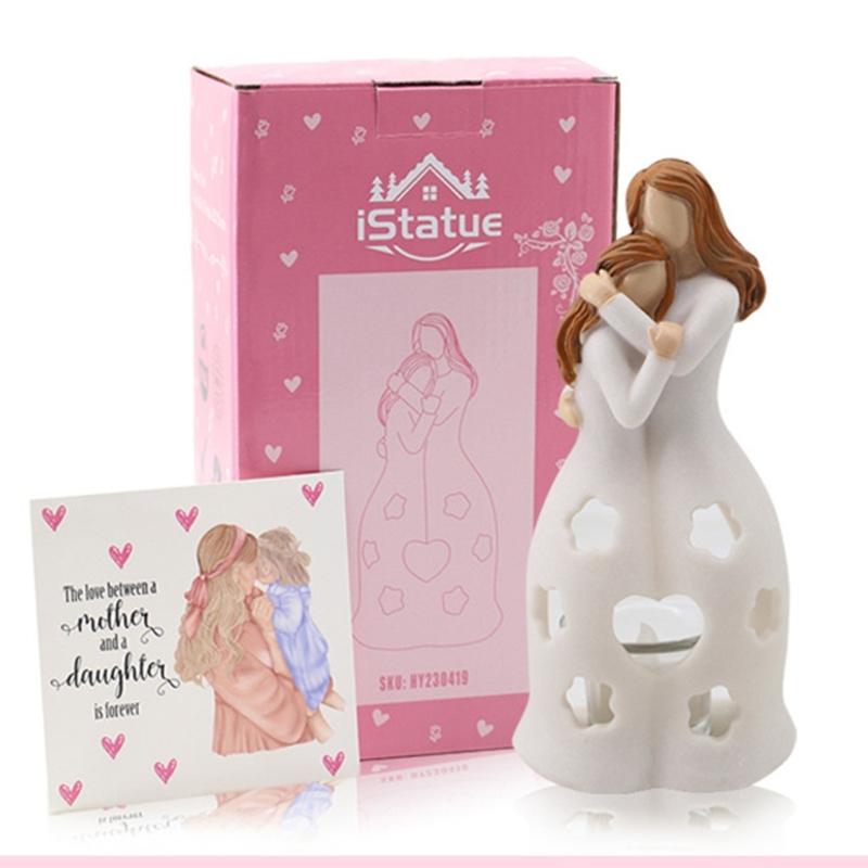 Mother and Daughter Resins Figurine Heartwarmings Gift with Flickering LED Candle for Mother Day or Christmas Birthday