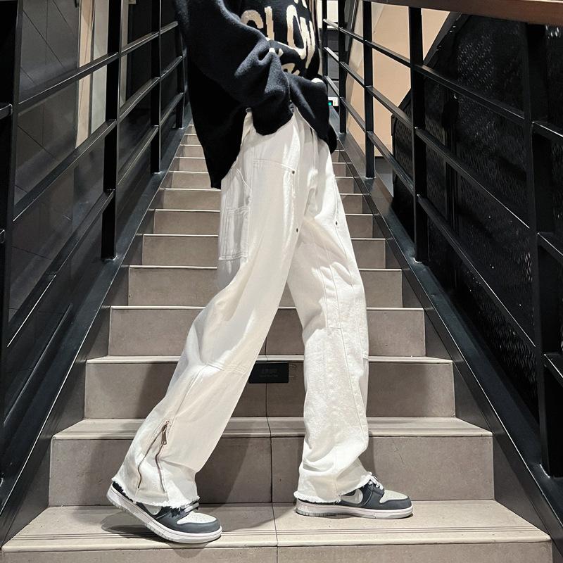 Splicing Zipper Denim Trousers Men's Autumn and Winter Hong Kong Style Ins Trendy Personality Handsome Loose Straight Burrs Pants