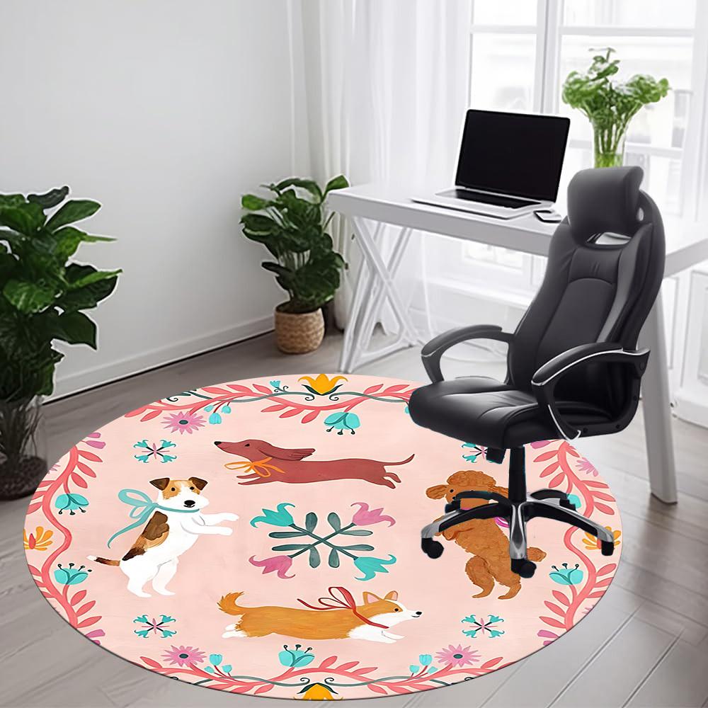 1PC Dogs Floral Office Round Area Rug, Indoor Mat Suitable For Office, Under Office Chairs Bedroom Living Room Home Decor, Room DecoT1223070